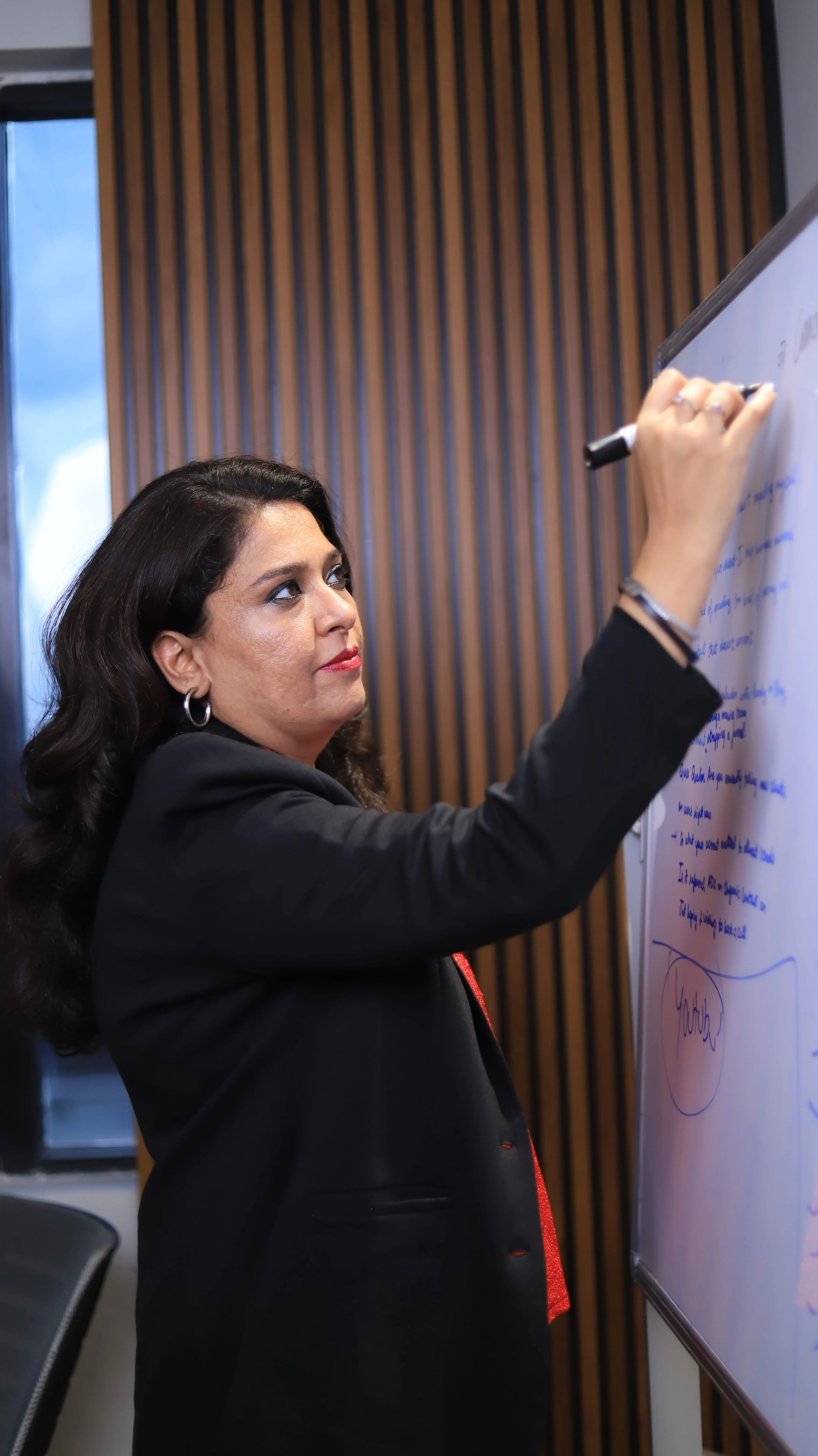 Meera speaking on stage to an audience